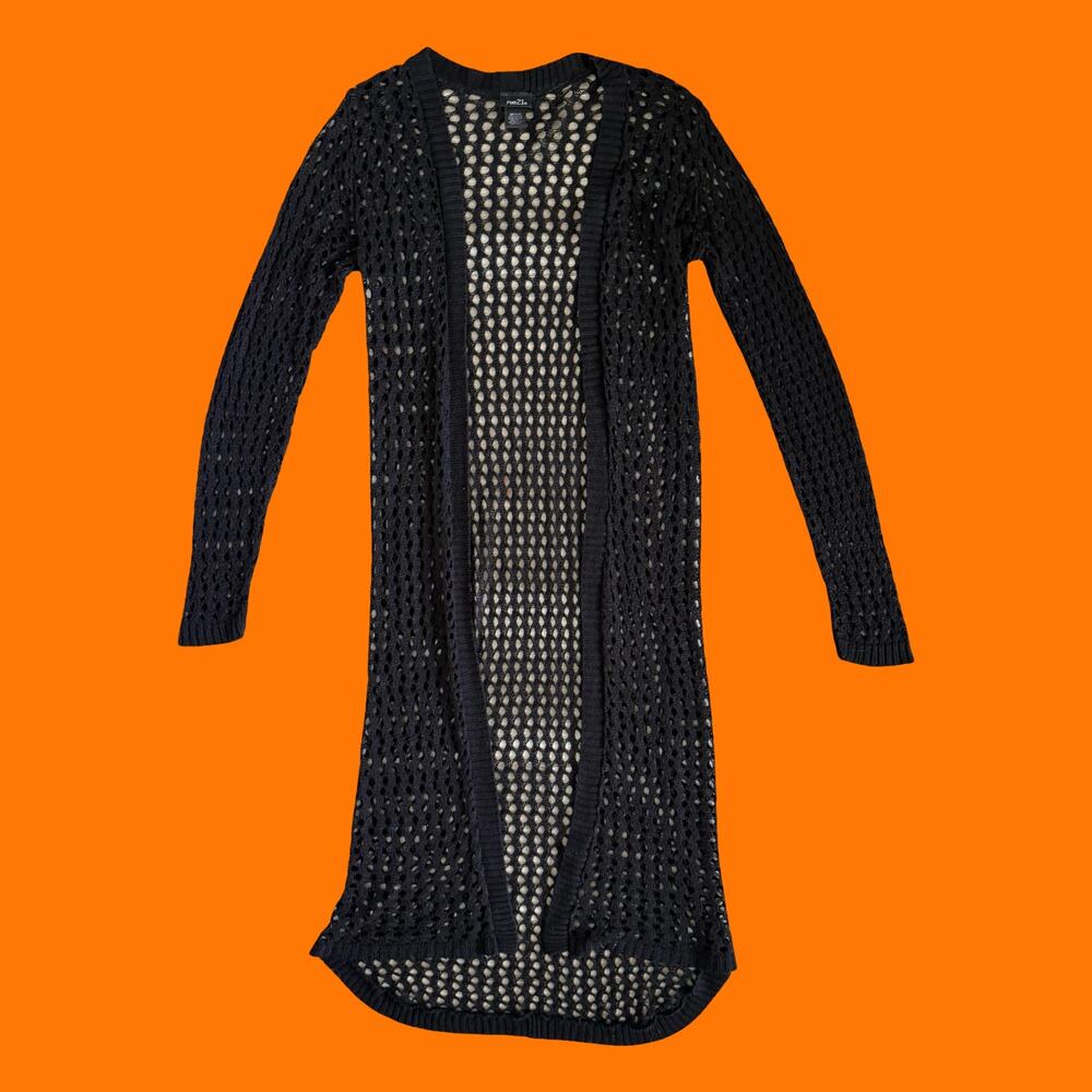 00's vintage black crochet knit fishnet y2k duster cardigan sweater M rue 21